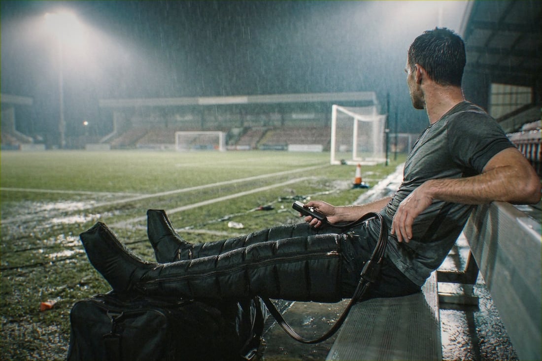 An athlete in full-leg compression boots rests at the edge of a rain-soaked pitch under floodlights.