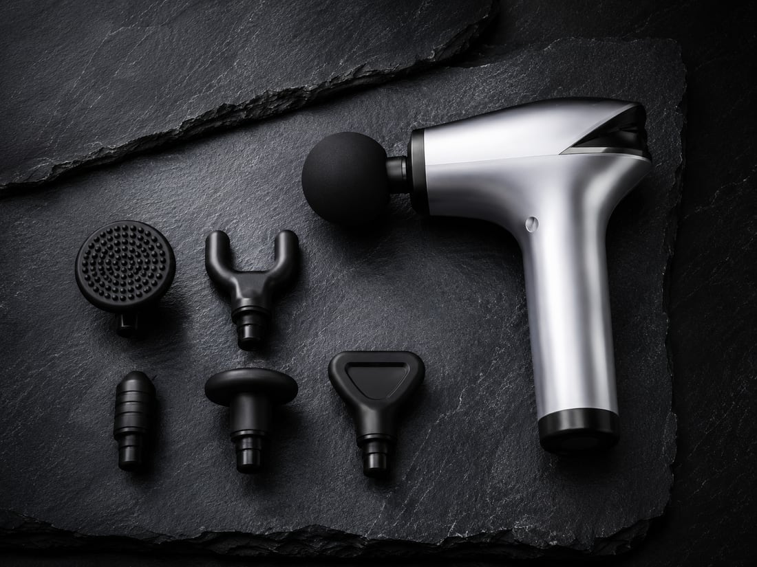 EVURON ARC Pro beside its interchangeable attachment heads, each with a different contact shape.