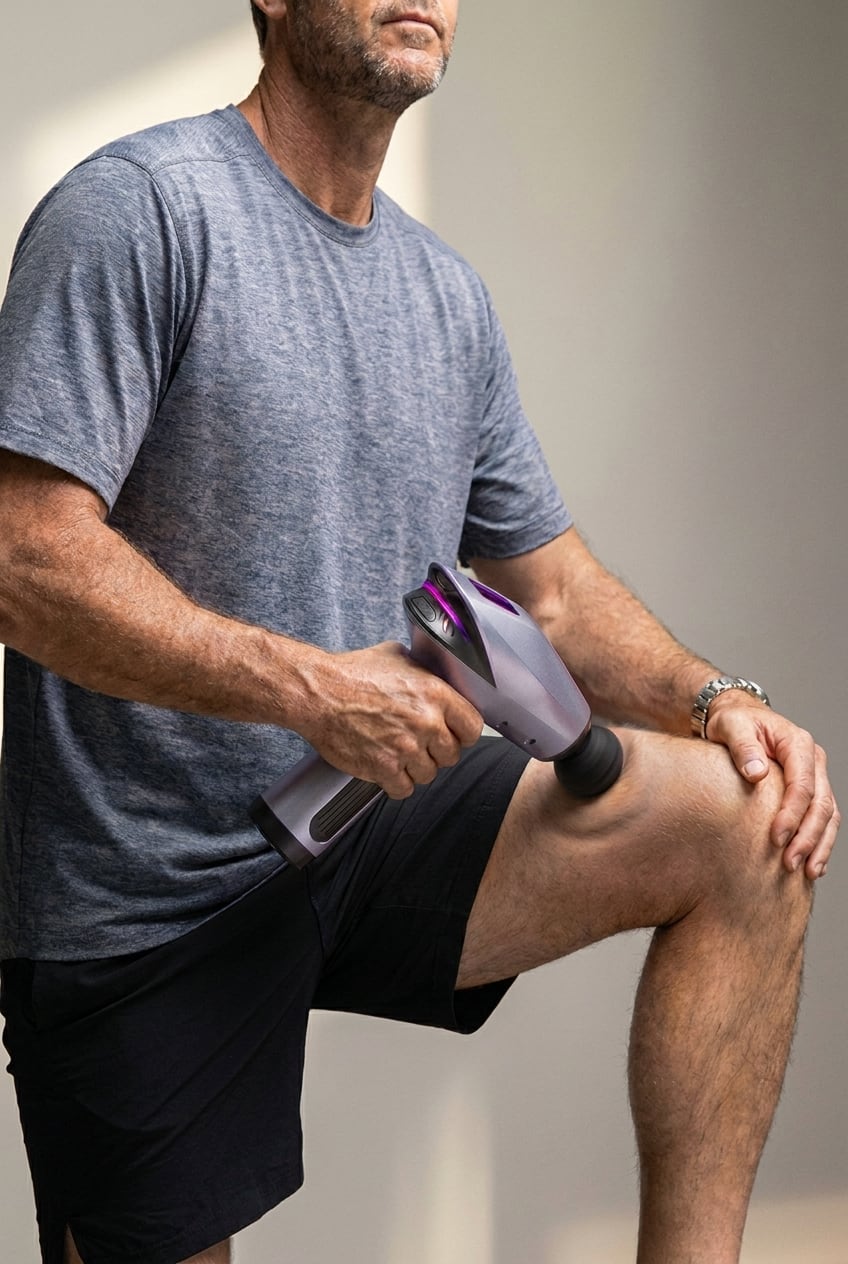 Man using the EVURON ARC Pro along the front of the thigh.