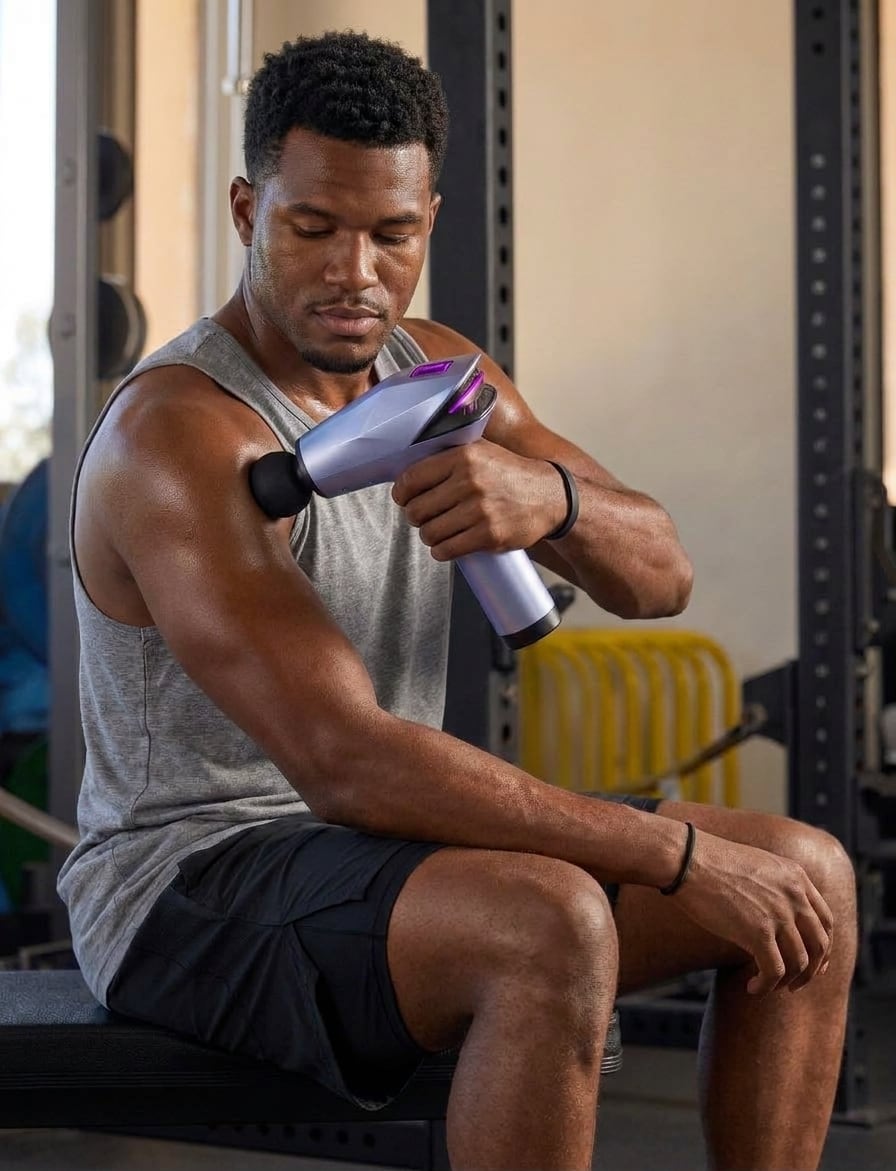 Seated athlete using the EVURON ARC Pro on the shoulder after training.