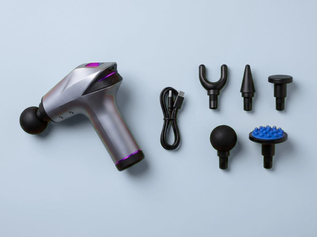 EVURON ARC Pro laid out with its charging cable and five interchangeable massage heads.