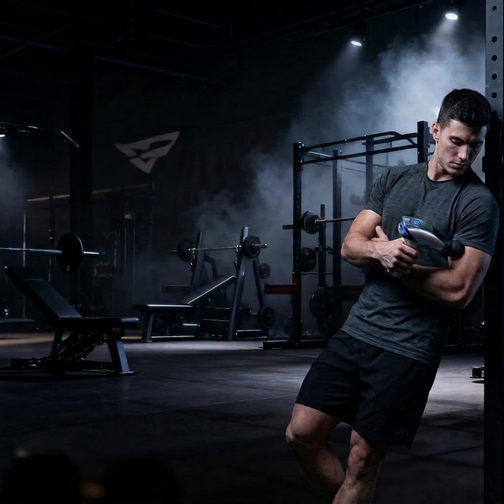 Athlete standing in a dark gym holding the EVURON ARC Pro against the upper arm.