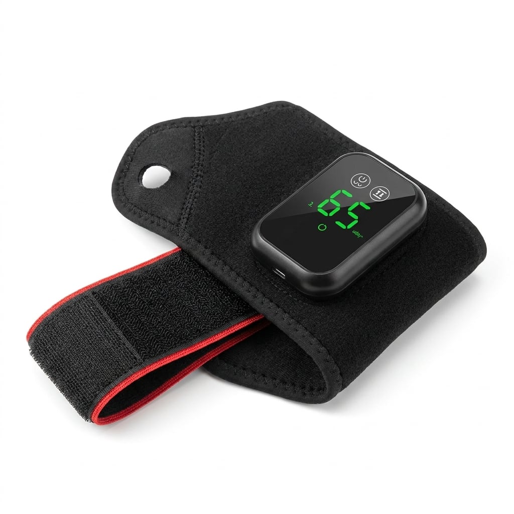 The EVURON EMBER Max wrist wrap shown whole on a light ground, with its strap open and control module seated.