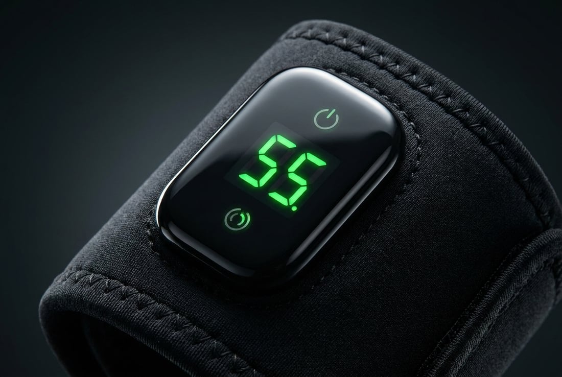 Close view of the EVURON EMBER Max control face, its display lit and showing the selected heat level.