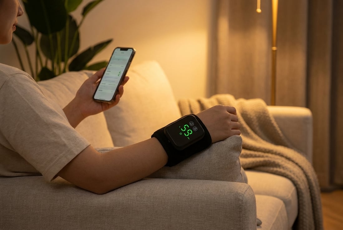 Person resting on a sofa in the evening with the EVURON EMBER Max on the wrist and a phone in the other hand.