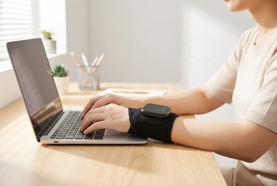 EVURON EMBER Max worn on the wrist while typing at a desk, the display lit.