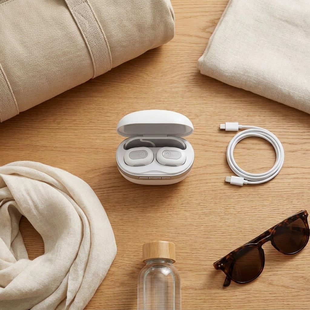 EVURON ION Max open on a wooden table beside its charging cable, a water bottle and folded clothing.