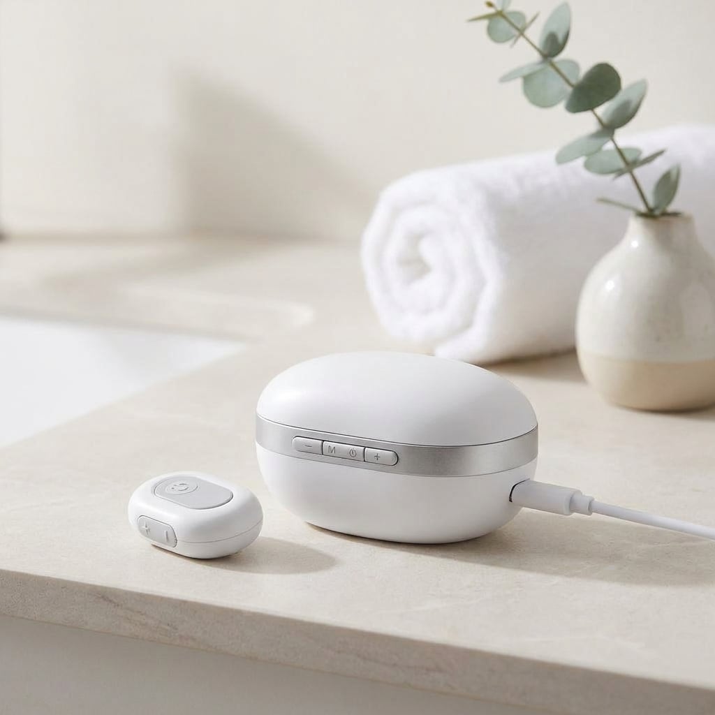 The EVURON ION Max charging case on a worktop with its cable connected and a unit resting beside it.