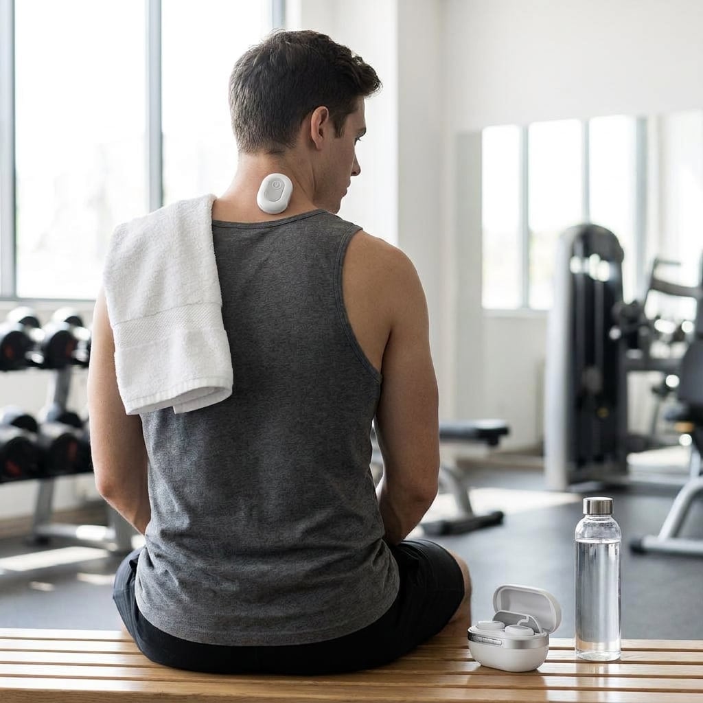 Athlete seated on a gym bench with an EVURON ION Max unit placed on the back of the neck.