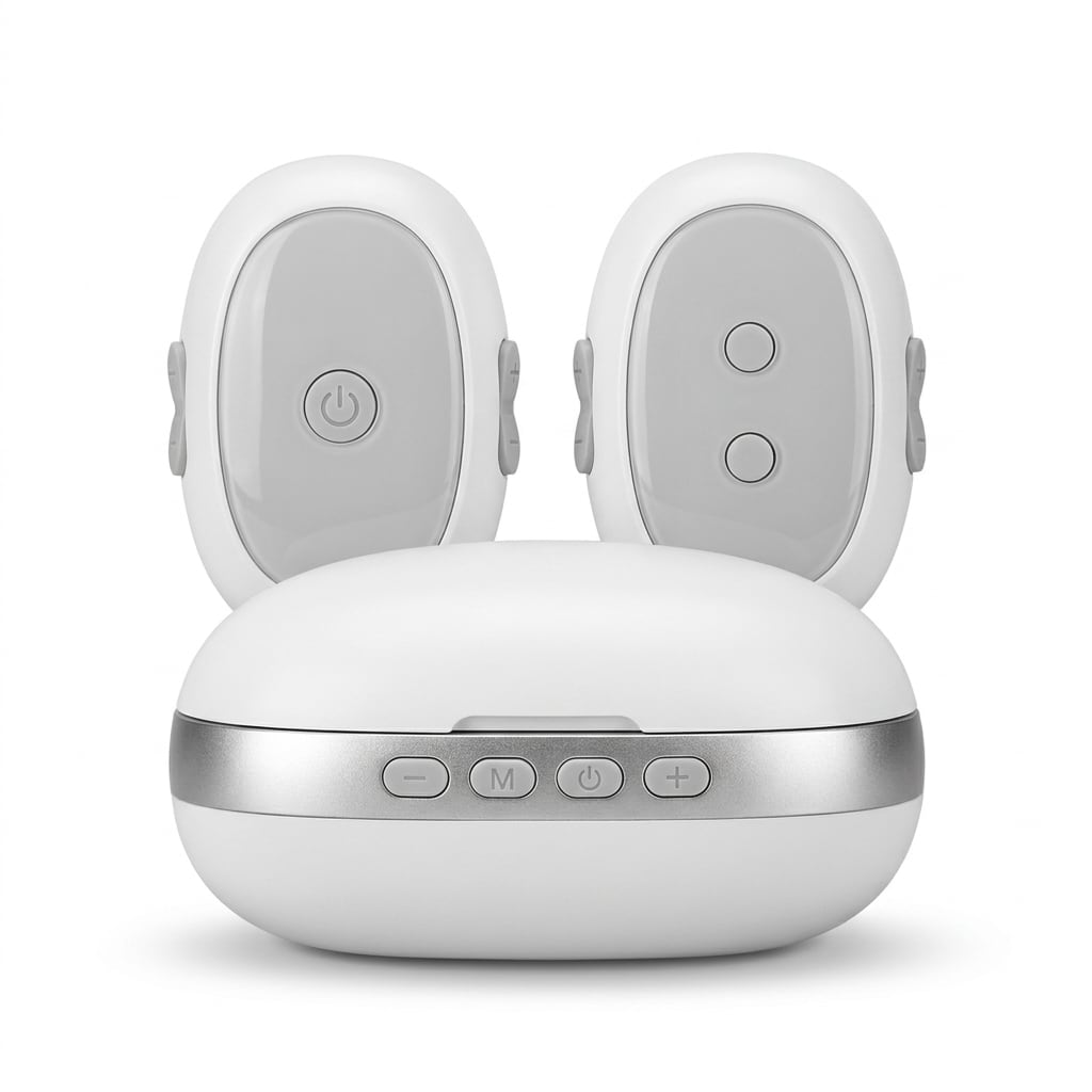 EVURON ION Max units standing behind their closed charging case, shown front-on with the controls visible.