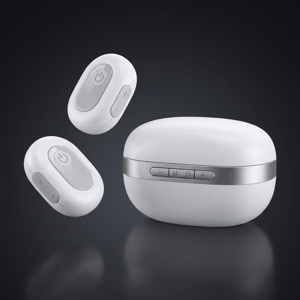 EVURON ION Max wireless stimulation units and their charging case, lit against a dark graduated ground.