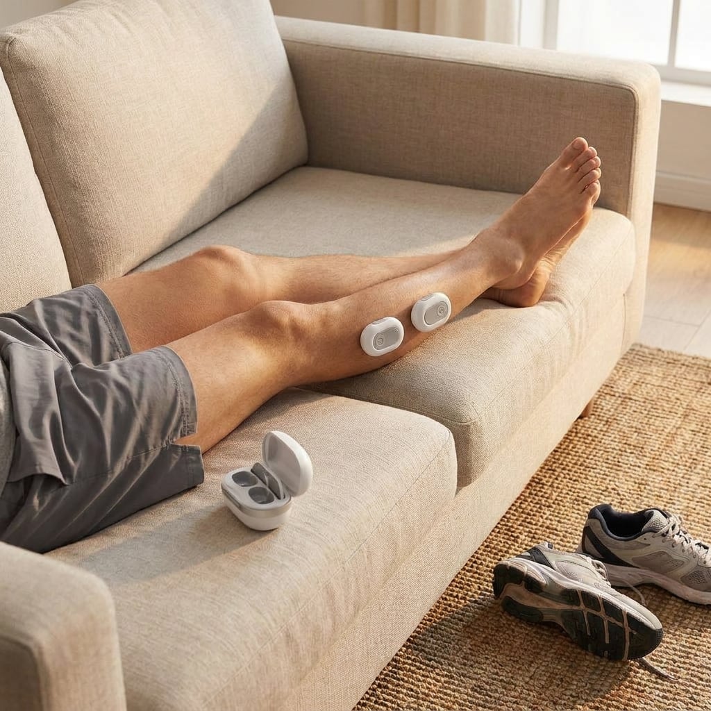 Person resting with legs on a sofa and EVURON ION Max units placed on the shins, the case on the cushion.