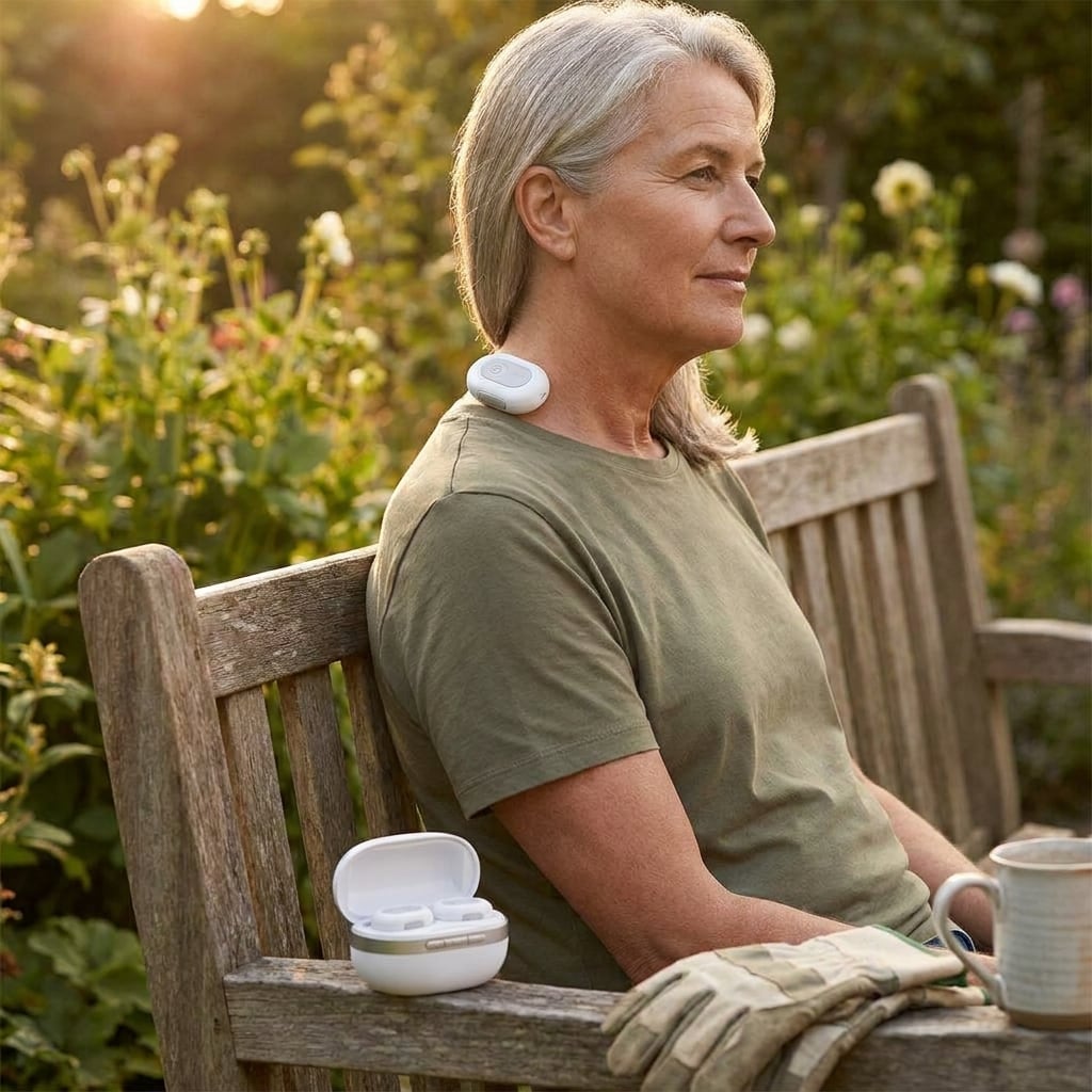 Person sitting on a garden bench with an EVURON ION Max unit on the neck and the open case beside them.