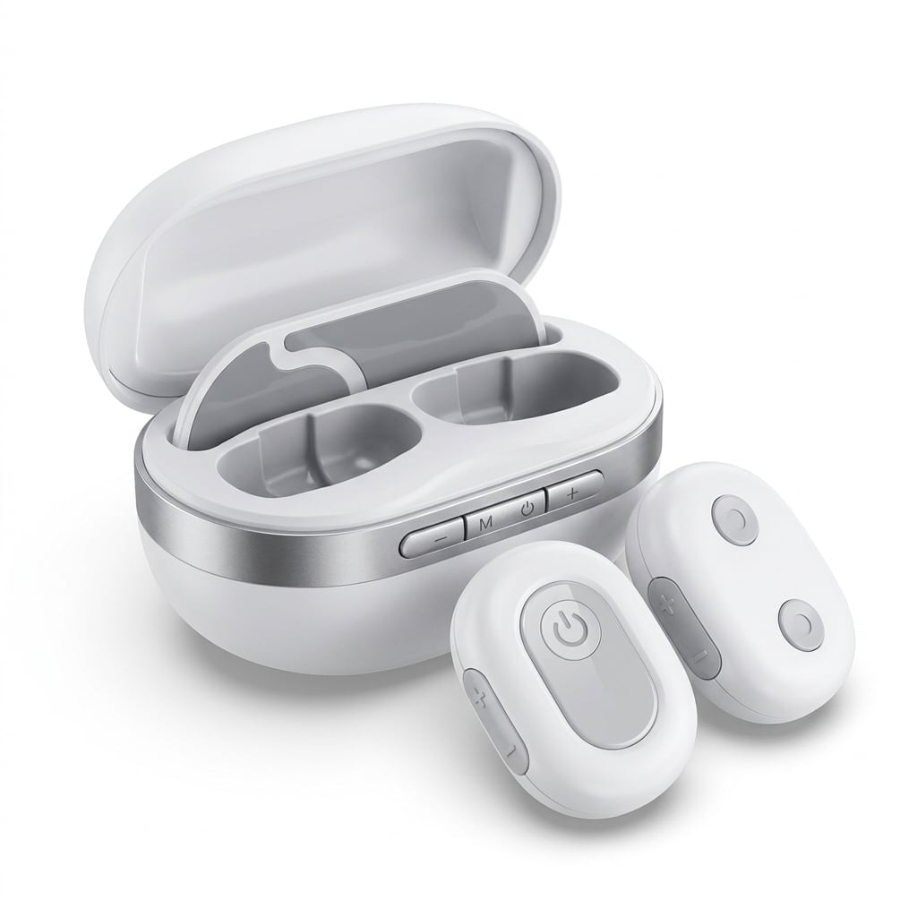 The EVURON ION Max charging case open, showing the cradles inside, with the units resting in front of it.