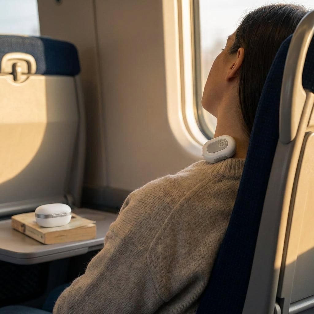 Passenger resting against a train seat with an EVURON ION Max unit on the neck and the case on the tray table.