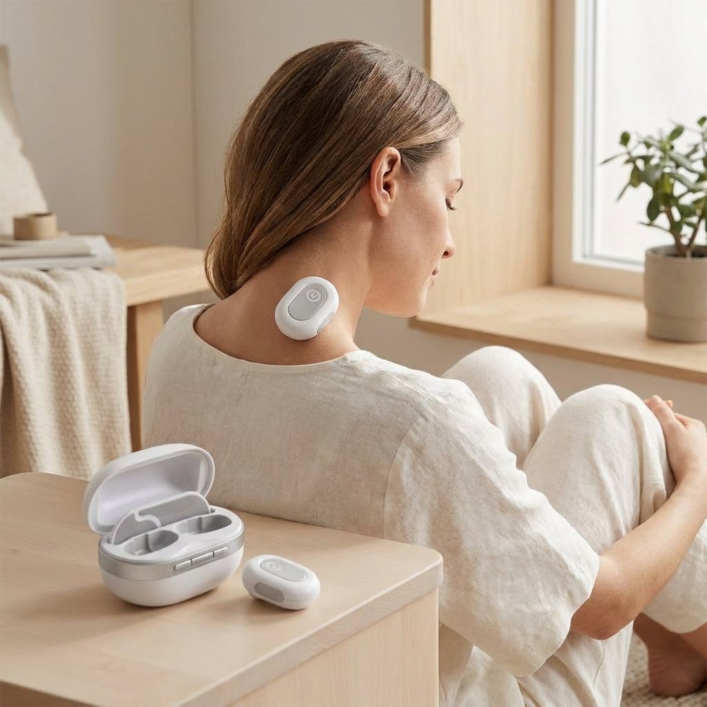 Person sitting by a window at home with an EVURON ION Max unit on the neck and the case on the table.