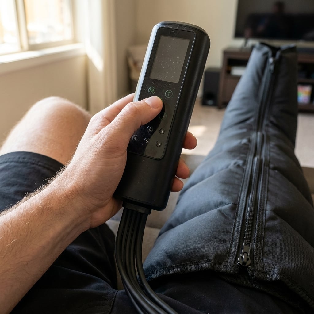The EVURON Strata Compress Pro handheld controller held in one hand, its display lit, with the boots fitted.