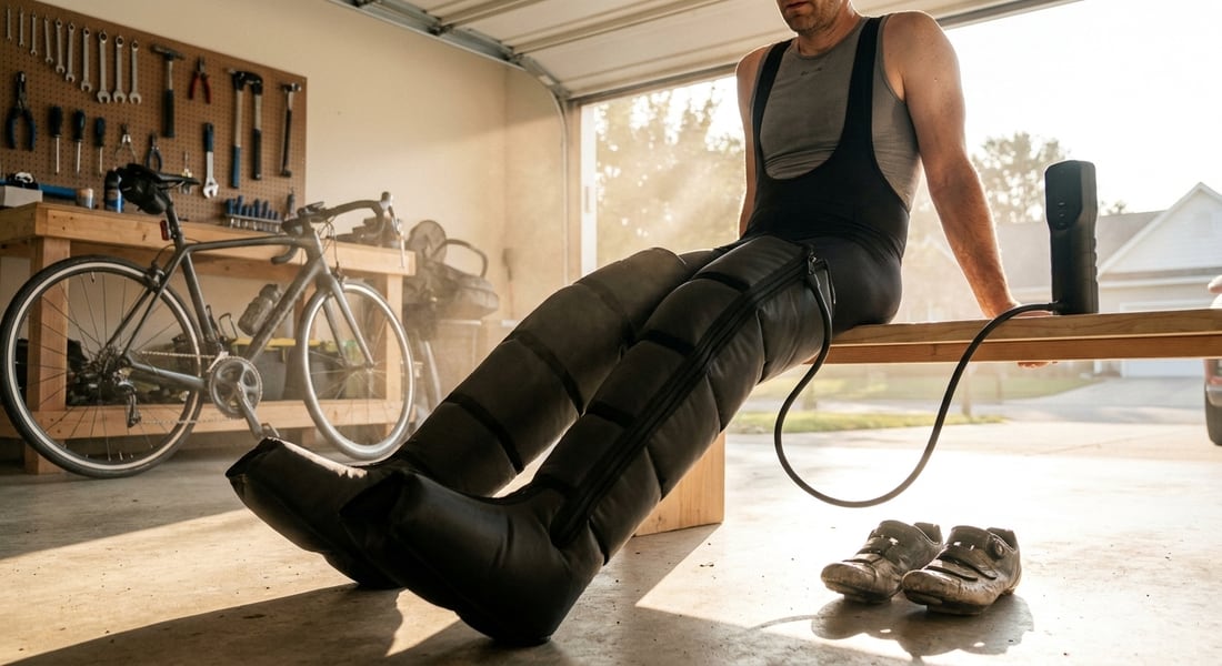 Cyclist seated in a workshop after a ride with both legs in the EVURON Strata Compress Pro boots.