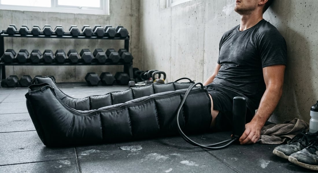 Athlete sitting against a gym wall after training with both legs in the EVURON Strata Compress Pro boots.