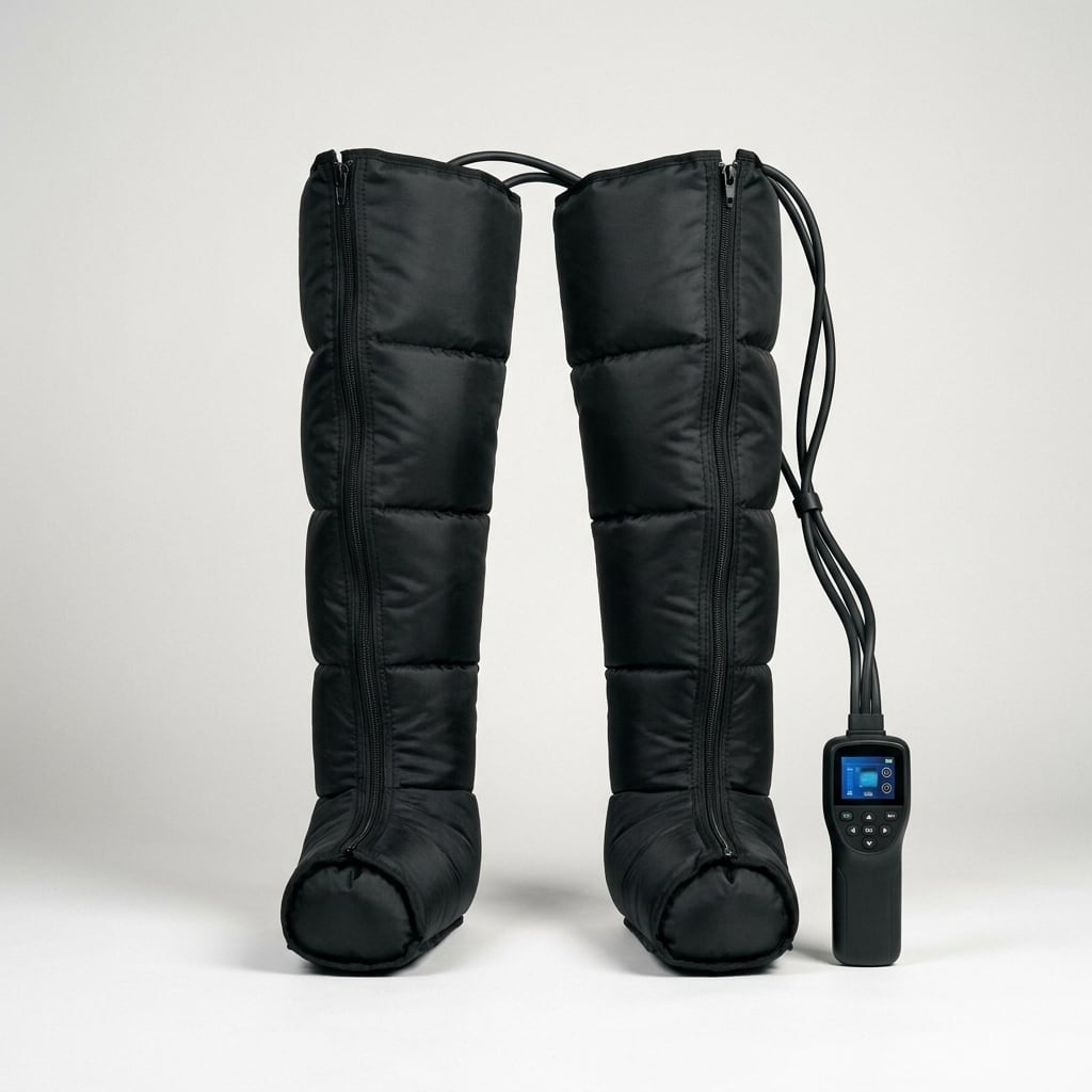 EVURON Strata Compress Pro compression boots standing upright and shown front-on, with the controller beside them.