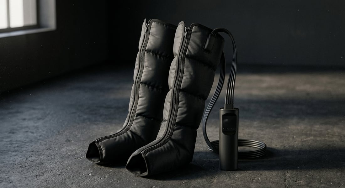 EVURON Strata Compress Pro boots standing on a concrete floor with the controller resting beside them.