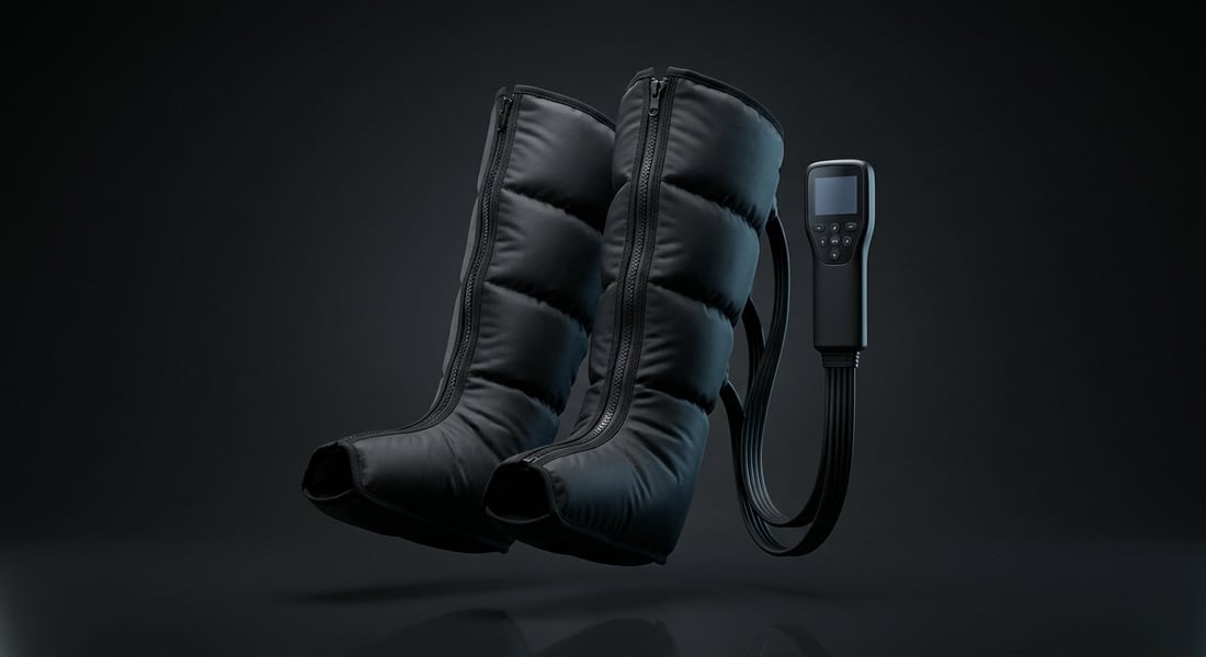 EVURON Strata Compress Pro full-leg compression boots with their controller, lit against a dark studio ground.
