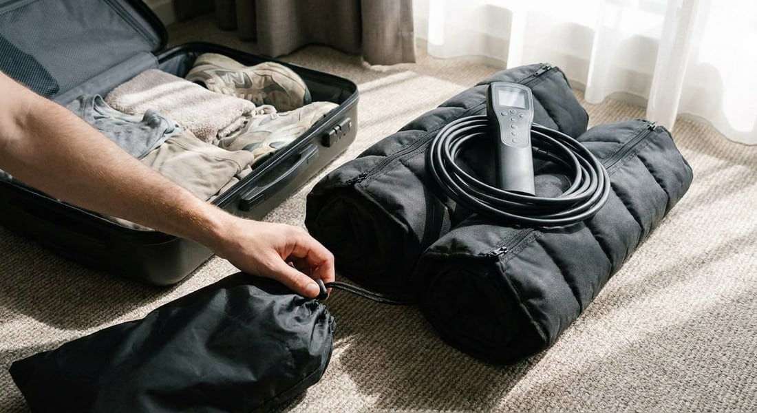 The EVURON Strata Compress Pro folded down with its hose coiled and the controller stowed on top.