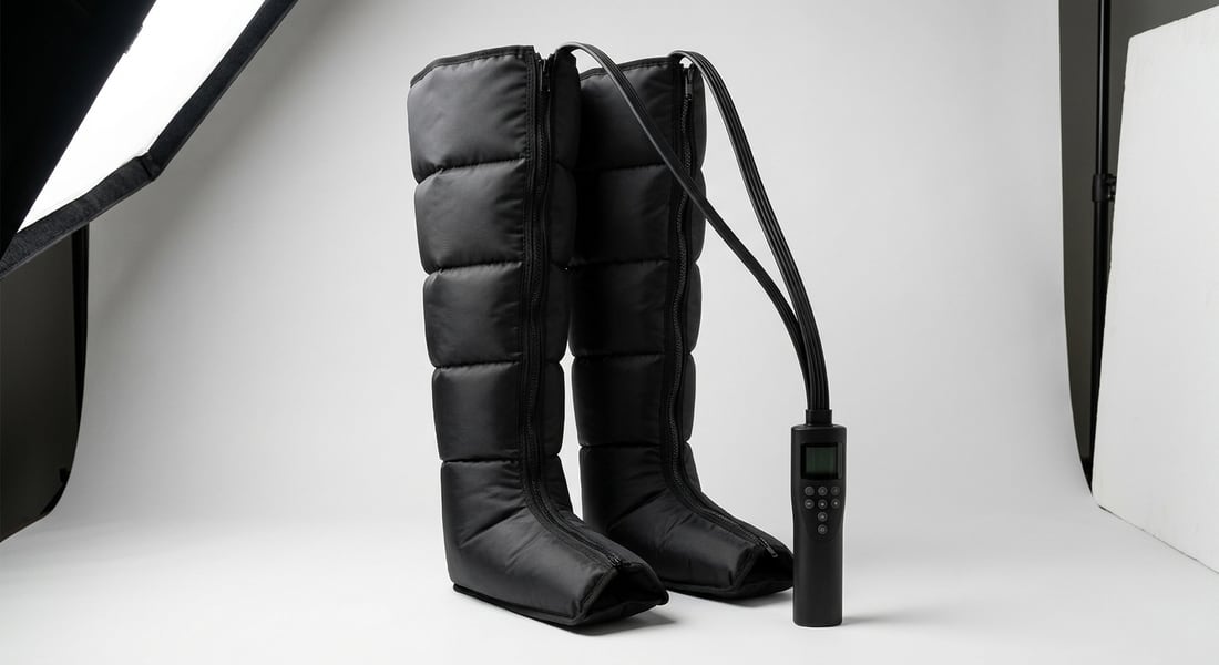EVURON Strata Compress Pro compression boots at three-quarter angle, showing the full height from foot to thigh.