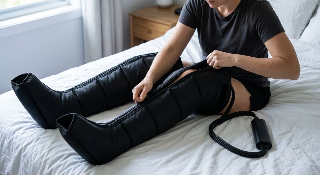 Person sitting on a bed fitting a leg into the EVURON Strata Compress Pro boot and closing the zip.