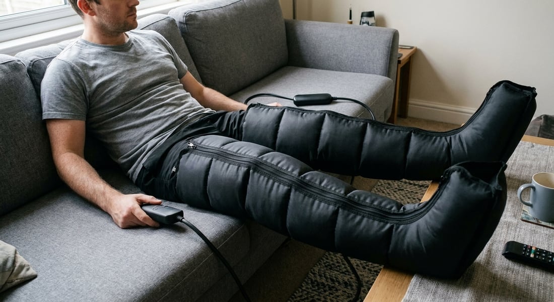 Person seated on a sofa with both legs in the EVURON Strata Compress Pro boots.