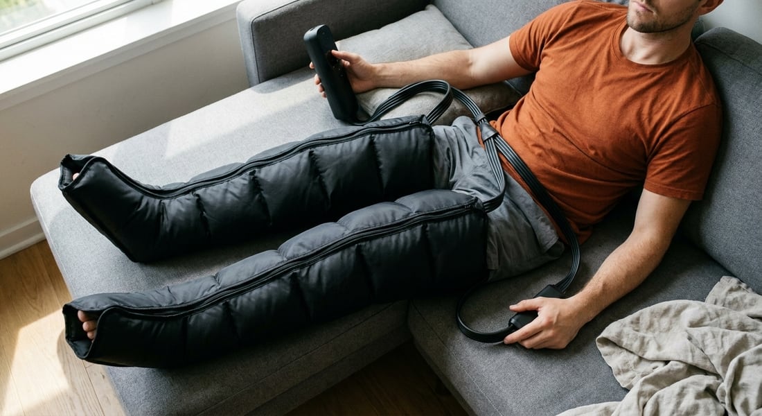 Person lying back on a sofa in the EVURON Strata Compress Pro boots, adjusting the controller by hand.
