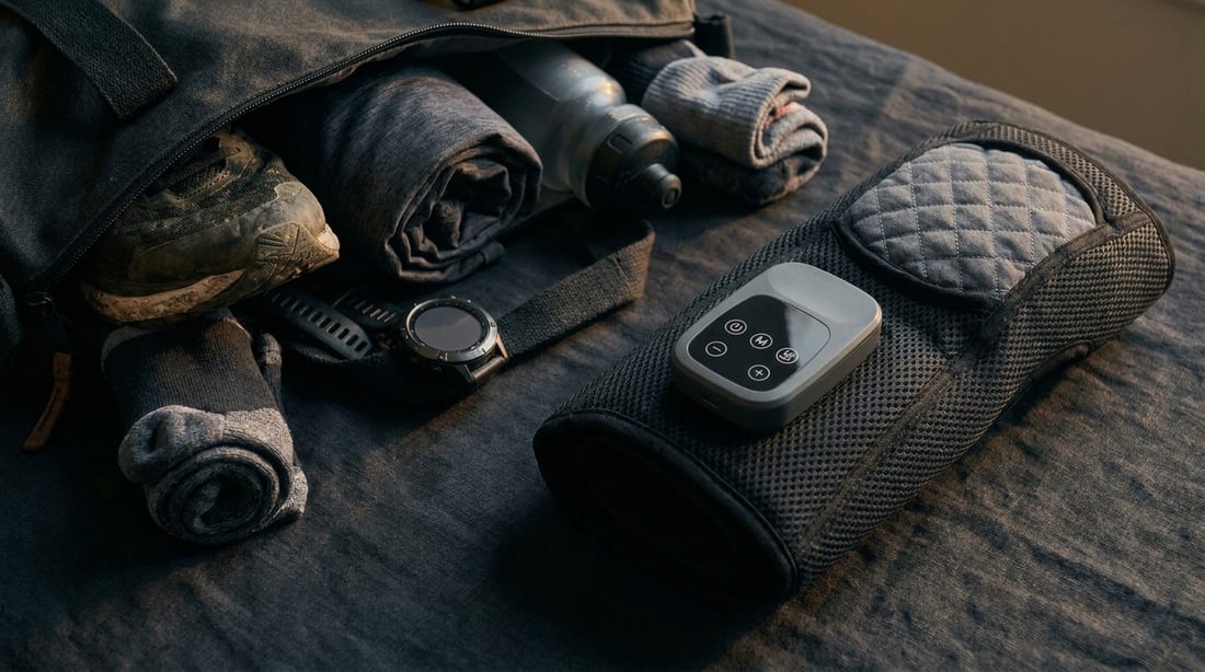 A rolled EVURON VectaTech Pro wrap and its controller packed alongside a bottle, towel and watch.