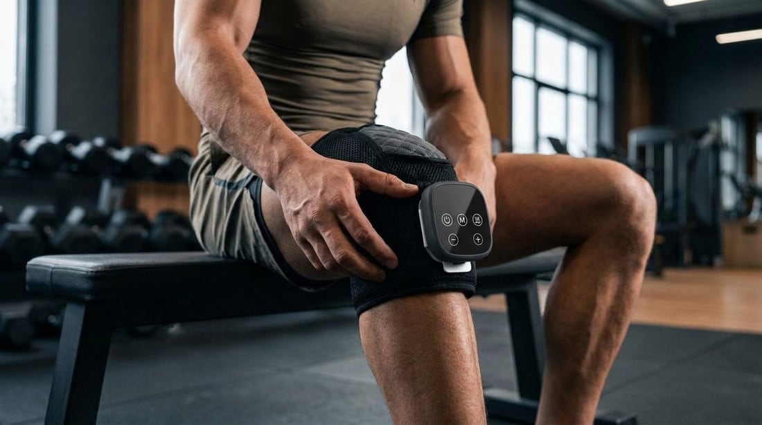 Athlete seated on a gym bench with the EVURON VectaTech Pro wrap fitted around the knee.