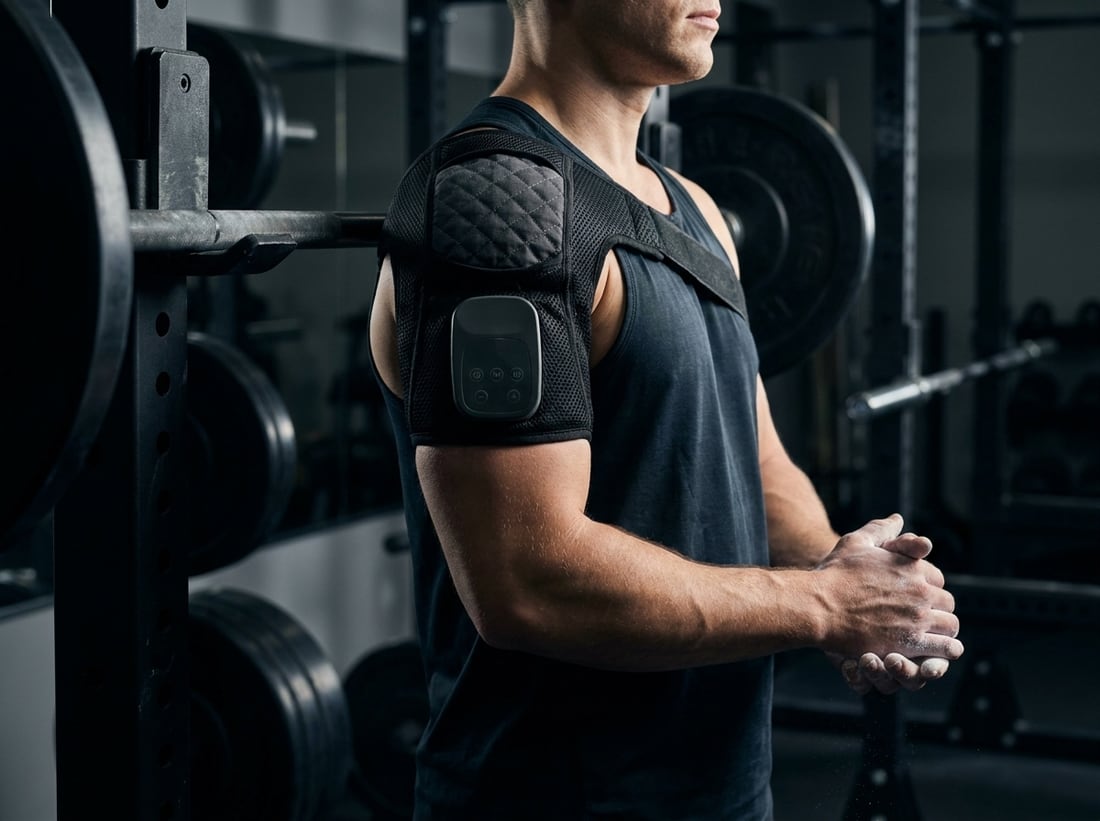 Athlete wearing the EVURON VectaTech Pro shoulder wrap, the controller seated on the upper arm.