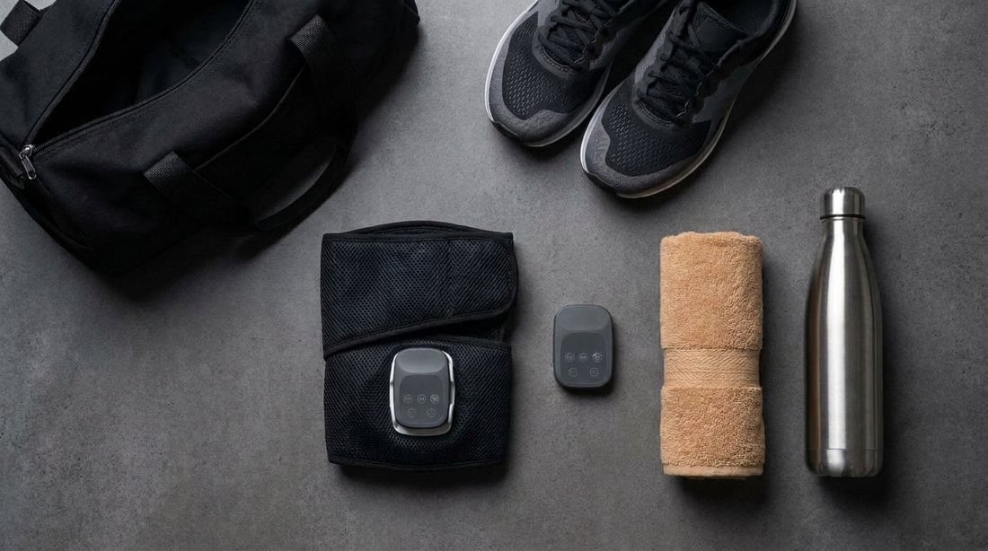 An EVURON VectaTech Pro wrap and its detached controller laid out with a kit bag, towel and water bottle.