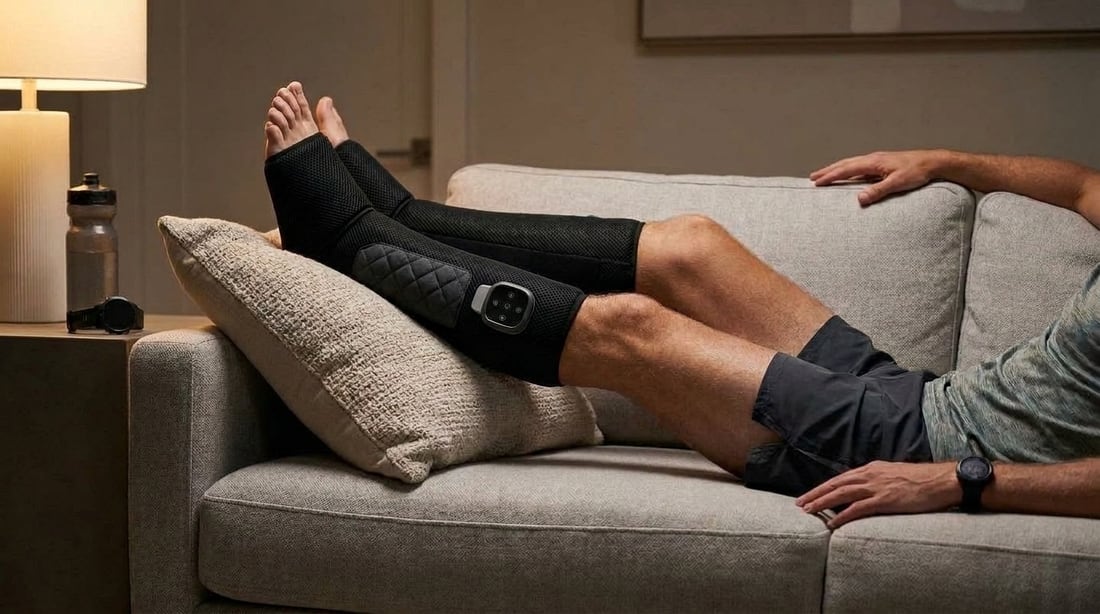 Person resting on a sofa with EVURON VectaTech Pro wraps fitted to the lower leg.
