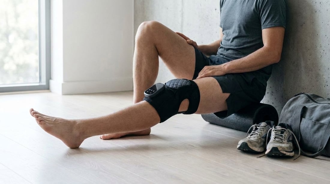Person sitting on the floor at home with an EVURON VectaTech Pro wrap around the knee.