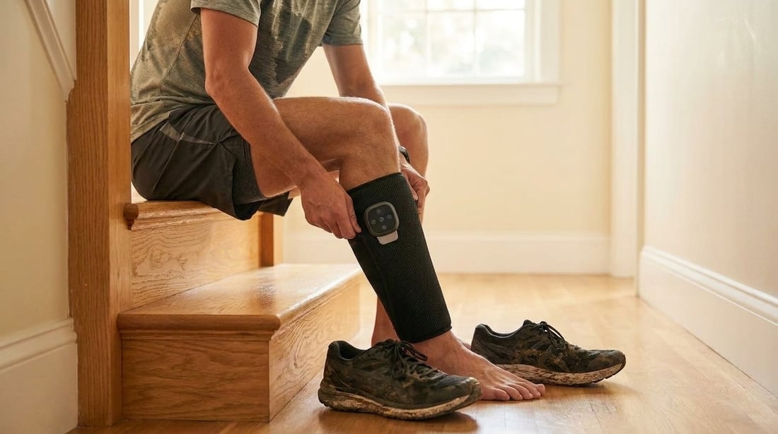 Runner sitting on a staircase fitting an EVURON VectaTech Pro wrap around the calf.