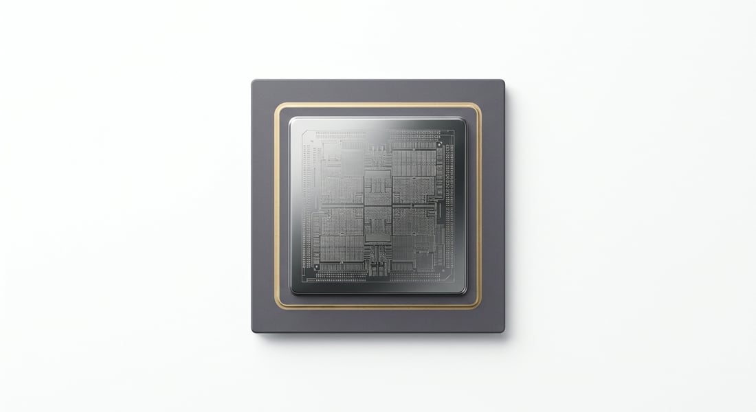 The EVURON G03 Adaptive Response chip photographed from above on a bright ground, showing its die and contact ring.