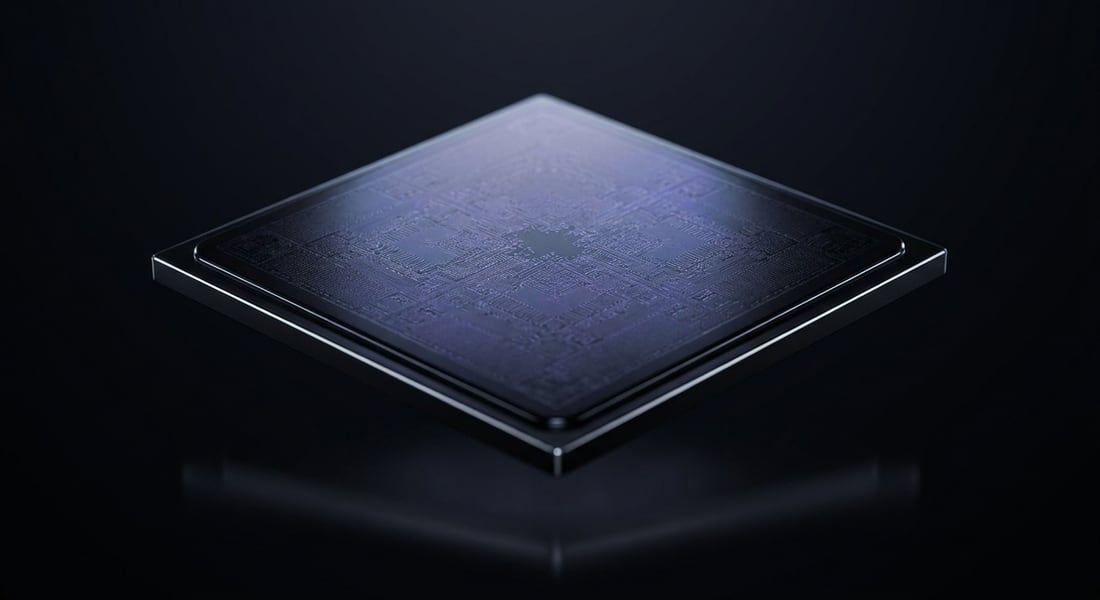 The EVURON G03 Adaptive Response chip shown at a low angle against a dark ground, its surface detail catching the light.