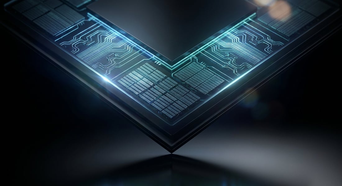 Macro view of the EVURON G03 chip, its conductive traces illuminated across the die.